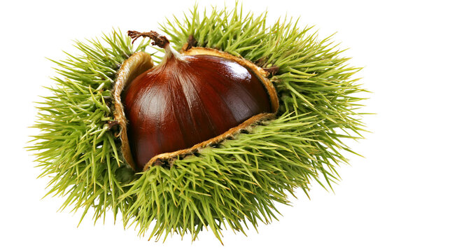 Brown chestnut inside spiky green husk, isolated on transparent background