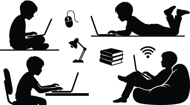 Kids Using Laptop Computer Silhouette Icon Set with Children Studying Online, Bean Bag, Wireless Wifi, and Desk Lamp