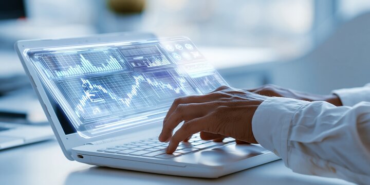 Hand using laptop with digital code and data analysis UI