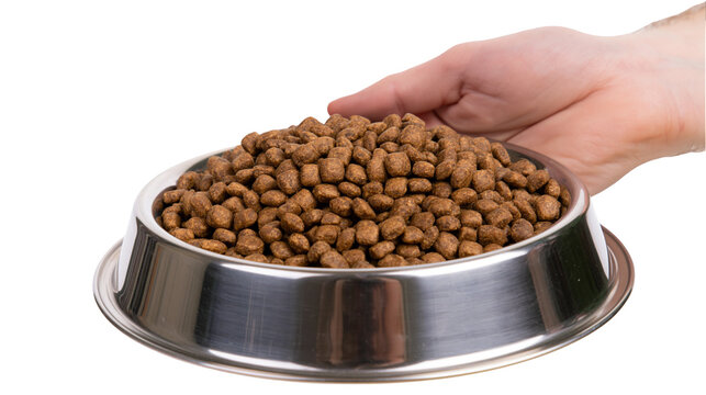 Human hand holding a full stainless steel bowl of dry pet food isolated on transparent background