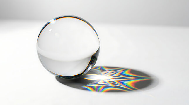 Clear glass sphere with rainbow refraction and colorful shadow projection