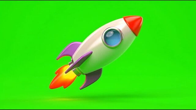 3d animated rocket ship blasting off against a green background