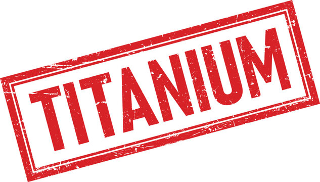 A vintage style red ink rubber stamp design with the word titanium in distressed text