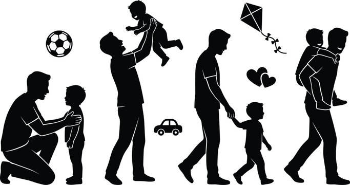 Father and Son Silhouette Icon Set with Happy Family Bonding, Piggyback Ride, Walking, Toy Car, and Kite Vector Elements