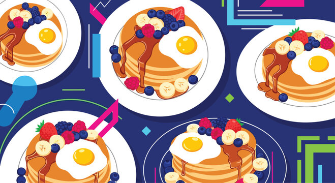 Vibrant background pattern featuring stacks of pancakes topped with berries, syrup, and fried eggs for a fun breakfast theme.