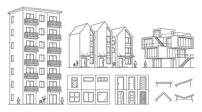 Modern apartment building elevations and residential duplex designs.