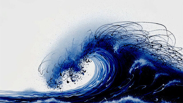 Abstract ink painting of a powerful breaking wave, deep blue and black ink lines, white background, fluid motion, artistic splash, dynamic flow
