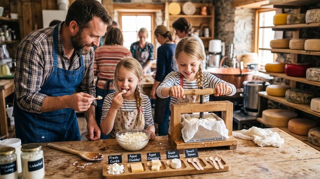Father and daughters learn cheese making in a rustic dairy workshop