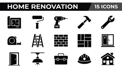 Fototapeta premium Home renovation icons, construction symbols, building signs, 15 black vector graphics