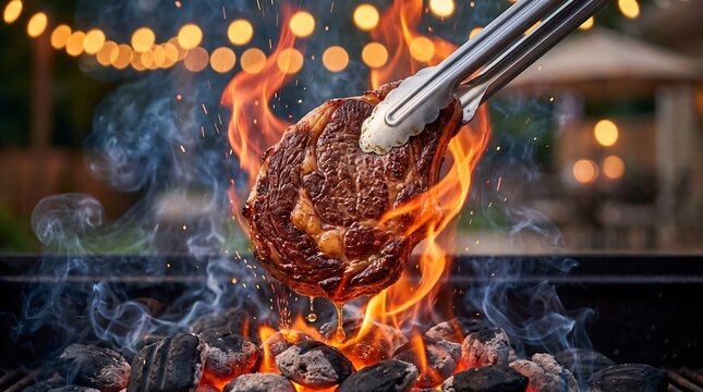 Close up of metal tongs holding a juicy marbled beef ribeye steak over burning charcoal briquettes with high fire flames and thick smoke at backyard party
