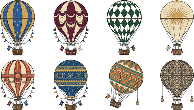 Vintage hot air balloon collection with antique retro aviation designs steampunk elements royal patterns and classic aircraft icons vector illustration