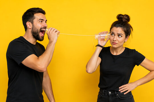 Communication breakdown concept with young couple, man shouting into tin can telephone, woman listening with confused expression on yellow background isolated on White Background ai