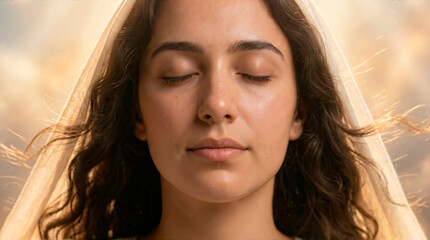 Close-up portrait of a young woman with closed eyes wearing a white veil. Glowing golden light illuminating the face representing the Assumption of Mary. Biblical and religious faith concept