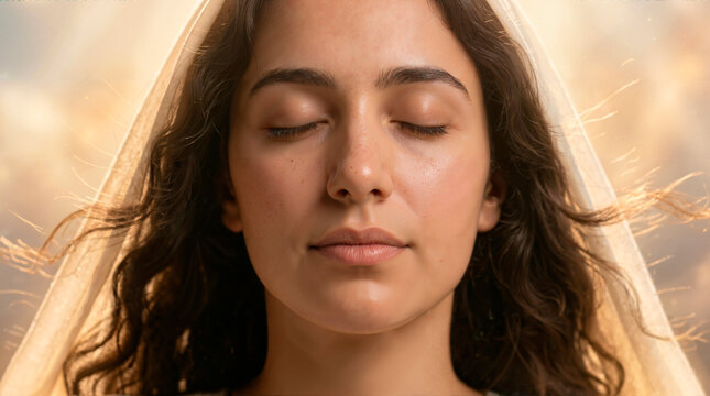 Close-up portrait of a young woman with closed eyes wearing a white veil. Glowing golden light illuminating the face representing the Assumption of Mary. Biblical and religious faith concept