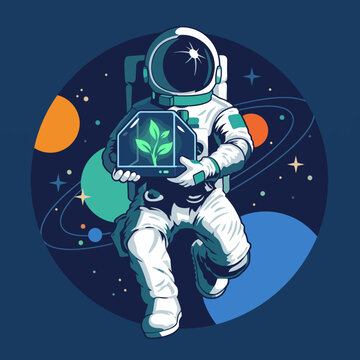 An astronaut carefully holds a small plant inside a futuristic box while floating in outer space, illustrating the connection between humanity and nature beyond Earth.