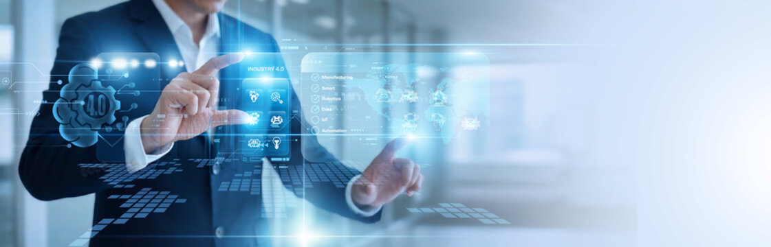 Factory supervisor hands touch virtual screen tracking smart Industry 4.0 flows. Automated network modules orchestrate mechanical operations across production lines. Advanced manufacturing.
