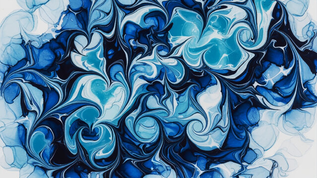 Intricate abstract fluid painting with swirling dark blue, cyan, and white ink patterns resembling a turbulent ocean or deep sea liquid marble