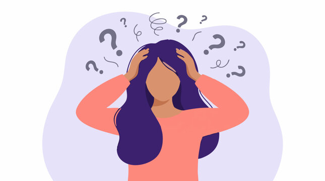 Stressed woman with confused thoughts and question marks around her head