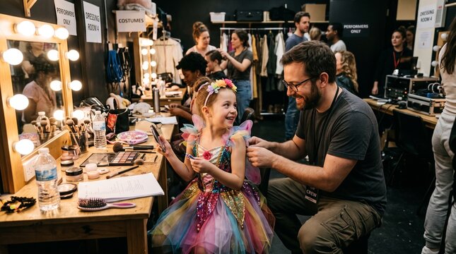 Father helps daughter in fairy costume get ready in backstage dressing room
