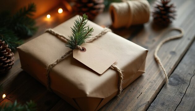 Brown paper gift box with twine, green fir sprig. Pine cones, string roll on wood surface. Warm bokeh lights create festive holiday mood. Blank gift tag ready for message. Winter celebration