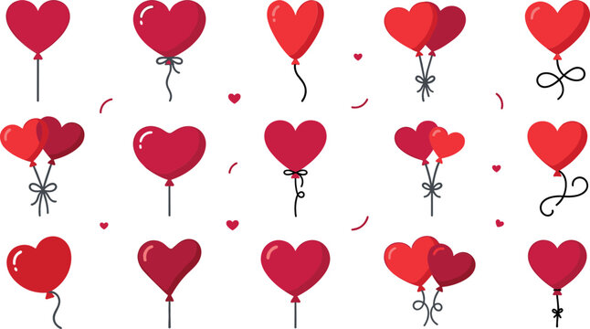 Red heart shaped balloons vector set for Valentines day celebration romantic wedding decoration anniversary greeting card design elements isolated on white background