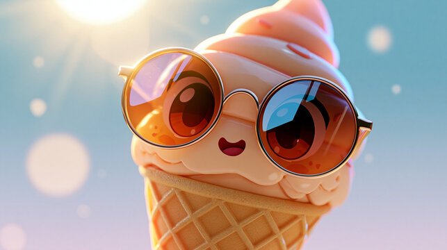 Comicfigur Softeis mit Sonnenbrille l&auml;chelt vor strahlend blauem Sommerhimmel