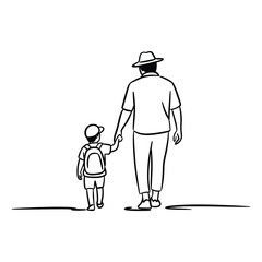 Fototapeta premium Father And Son Walking Silhouette Black And White Line Art