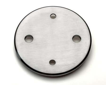Stainless steel 304 round base plate with four countersunk bolt holes and brushed satin finish. Used for railing posts, handrails, and architectural fixings.