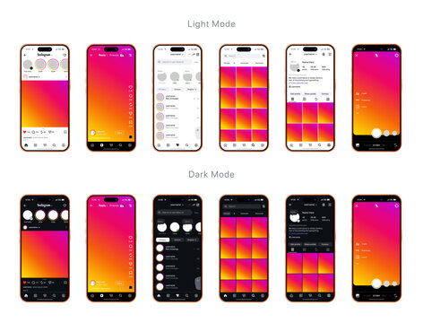 2026 updated Instagram social media UI mockup collection with iPhone 17 Pro Max screen templates in light and dark mode
