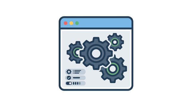 Flat vector illustration of operating system services management browser window with gear mechanism configuration icons