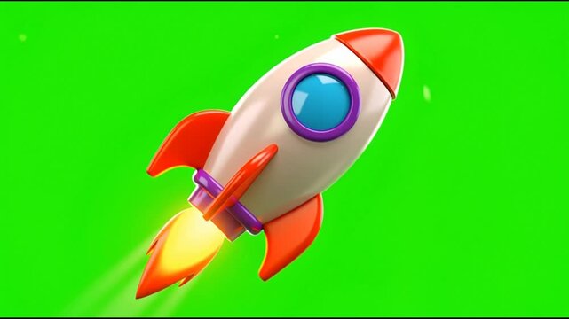 Animated space rocket flying upwards against a green screen