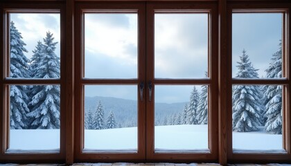 Obraz premium Wooden window panes look out onto snowy forest landscape. Pine trees covered in snow under cloudy winter sky. Peaceful scene viewed from indoors.