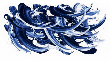 Horizontal arrangement of swirling blue and white paint strokes with dynamic liquid splashes on a clean white background, surface area © VxGFX