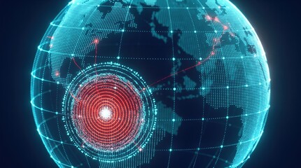 Obraz premium Cyan dot-matrix earth globe with red concentric target rings, global cyberattack