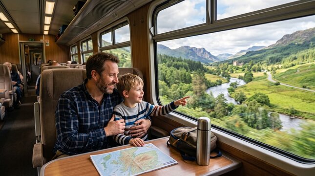 Father and son enjoy scenic train journey through rolling green hills and mountains