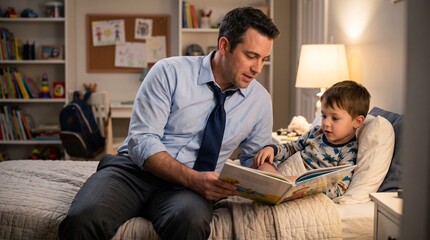 Fototapeta premium Dad reading bedtime stories to his son in a cozy bedroom setting