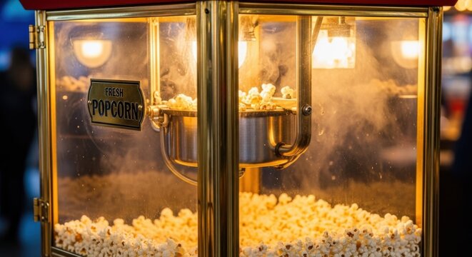 Vintage popcorn machine with fresh hot popcorn inside. Classic cinema concession stand with warm glowing light