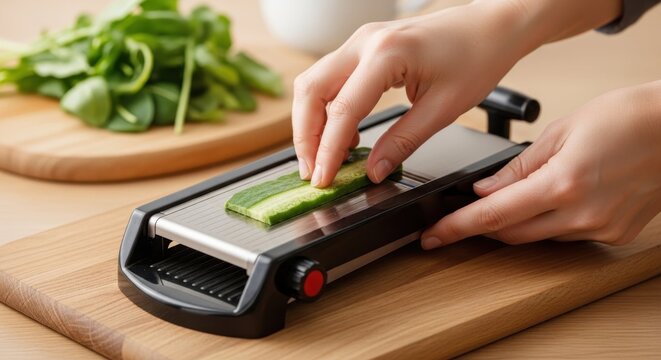 Person slicing fresh cucumber with a mandoline slicer. Hands preparing vegetables on a wooden cutting board in a kitchen
