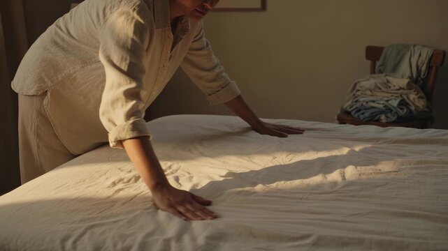 Gentle Hands Make The Bed, Smoothing Sheets In A Serene Morning Bedroom