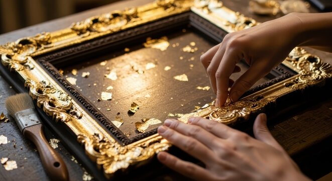 Hands applying gold leaf to an ornate picture frame. Close up of gilder restoring antique frame. Craftsmanship and restoration concept