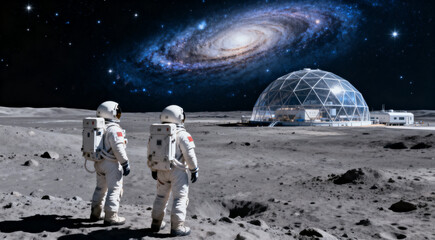Obraz premium Two astronauts standing on alien-like planetary surface looking at Milky Way galaxy