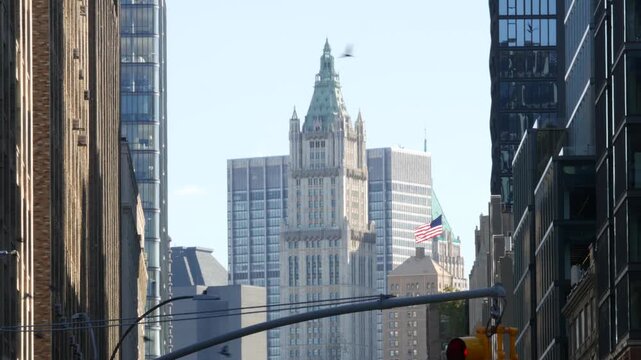 New York City Woolworth building 1913, skyscraper on Broadway in Downtown Financial District, Lower Manhattan, United States of America. Gothic historic architecture, green cooper roof, FiDi, NYC, USA