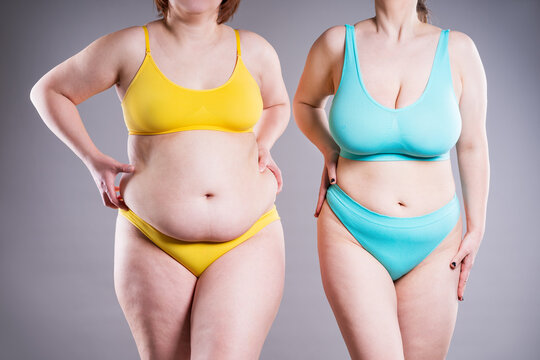 Body positivity, weight loss or diverse shapes concept. Two plus size women in underwear showing belly fat and cellulite