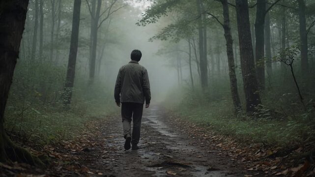 Solitary Figure Walks a Mystical Path Through a Foggy Forest on a Gloomy Day