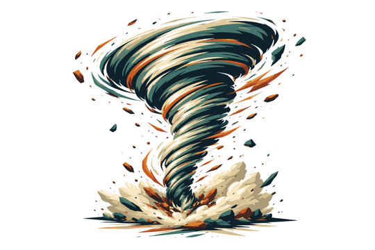 tornado vortex lift, the action escalation showing the tornado fully spinning with debris and dust whipping violently upward,