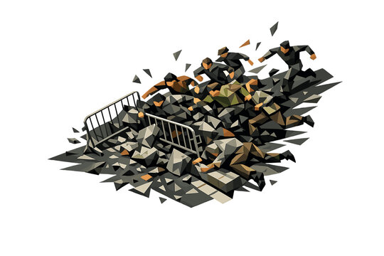 crowd panic run, the obstacle and tension moment where the crowd collides with angular street furniture, barriers, or uneven