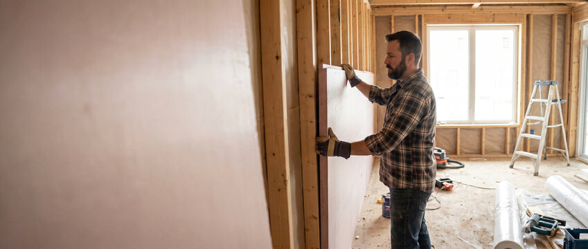 Construction worker installing pink foam insulation board on wooden stud wall. Man renovating home interior