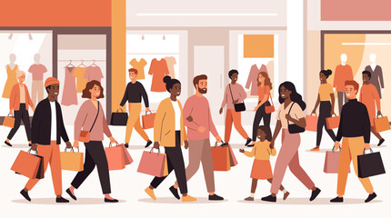 Fototapeta premium Diverse group of shoppers carrying bags in a modern shopping mall environment