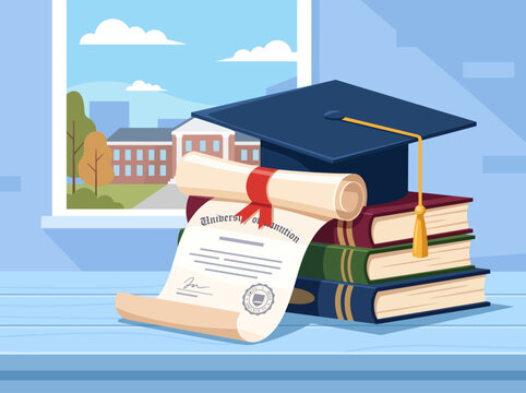 A symbolic depiction of educational achievement featuring a graduation cap placed above a diploma and a stack of books, representing knowledge and success.