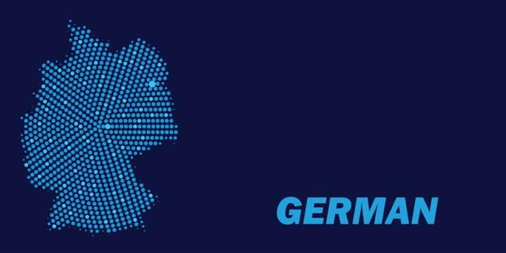 Abstract blue dotted map of germany with german text on dark background digital technology and geographic concept